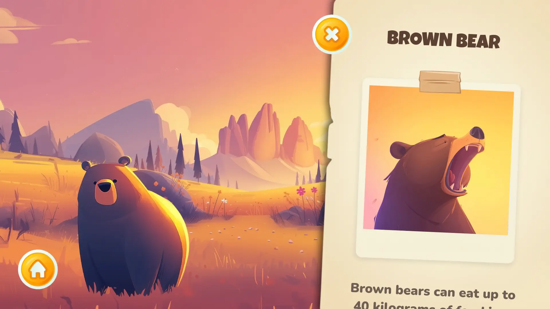 A wildlife aducational app screenshot in the Alps featuring a bear and interesting facts about the bear