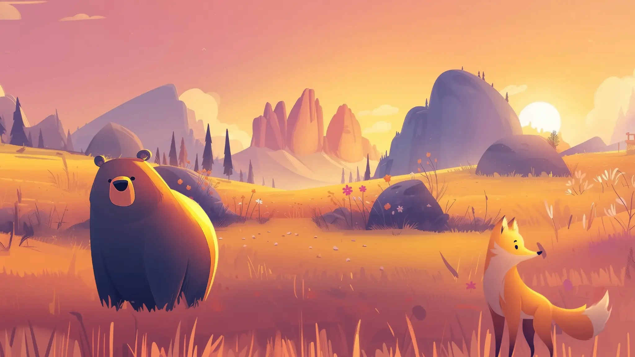 A wildlife aducational app screenshot in the Alps featuring a bear and a fox