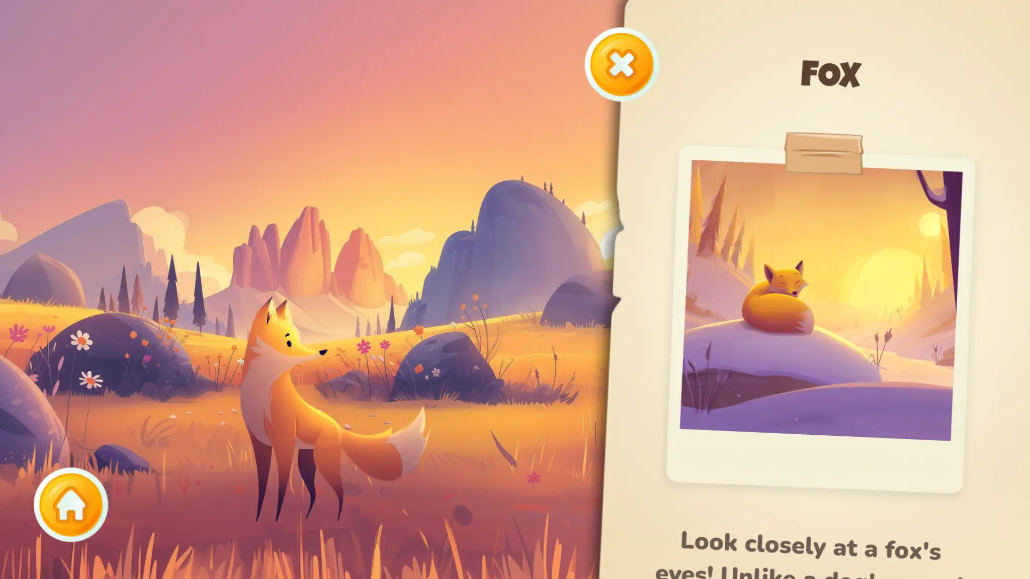 A wildlife aducational app screenshot in the Italian Dolomites with 3 cime di Lavaredo and a fox