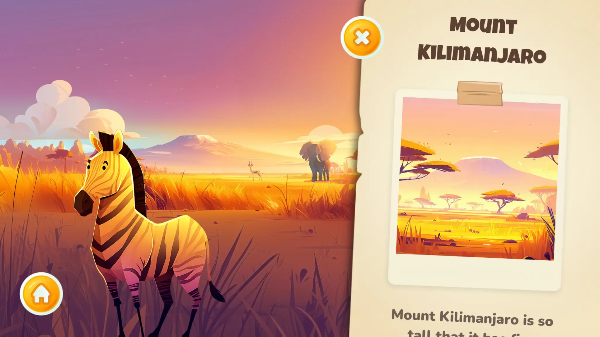 A wildlife aducational app screenshot in the African Savannah with mount Kilimanjaro