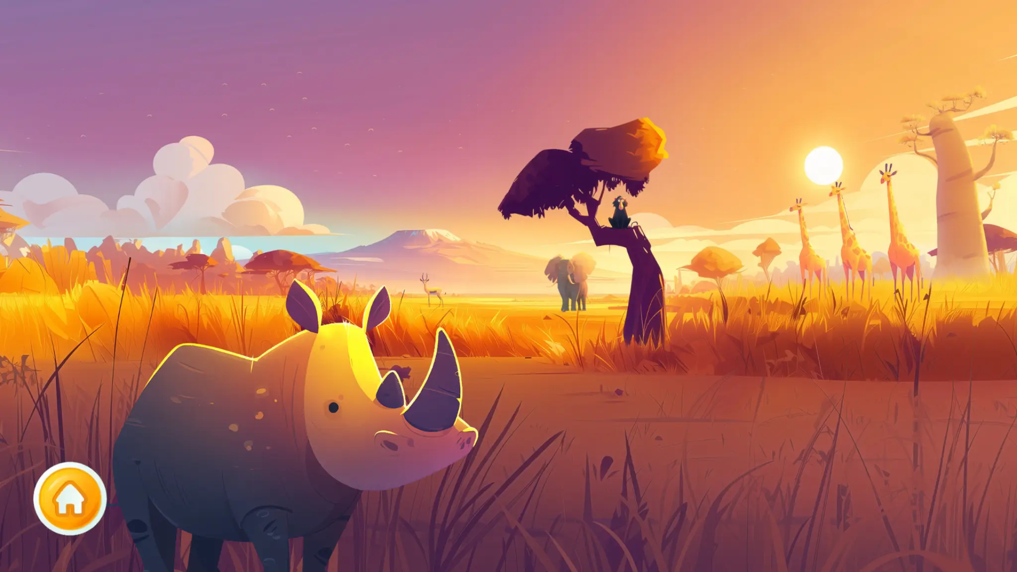 A wildlife aducational app screenshot in the African Savannah featuring a lion and mount Kilimanjaro