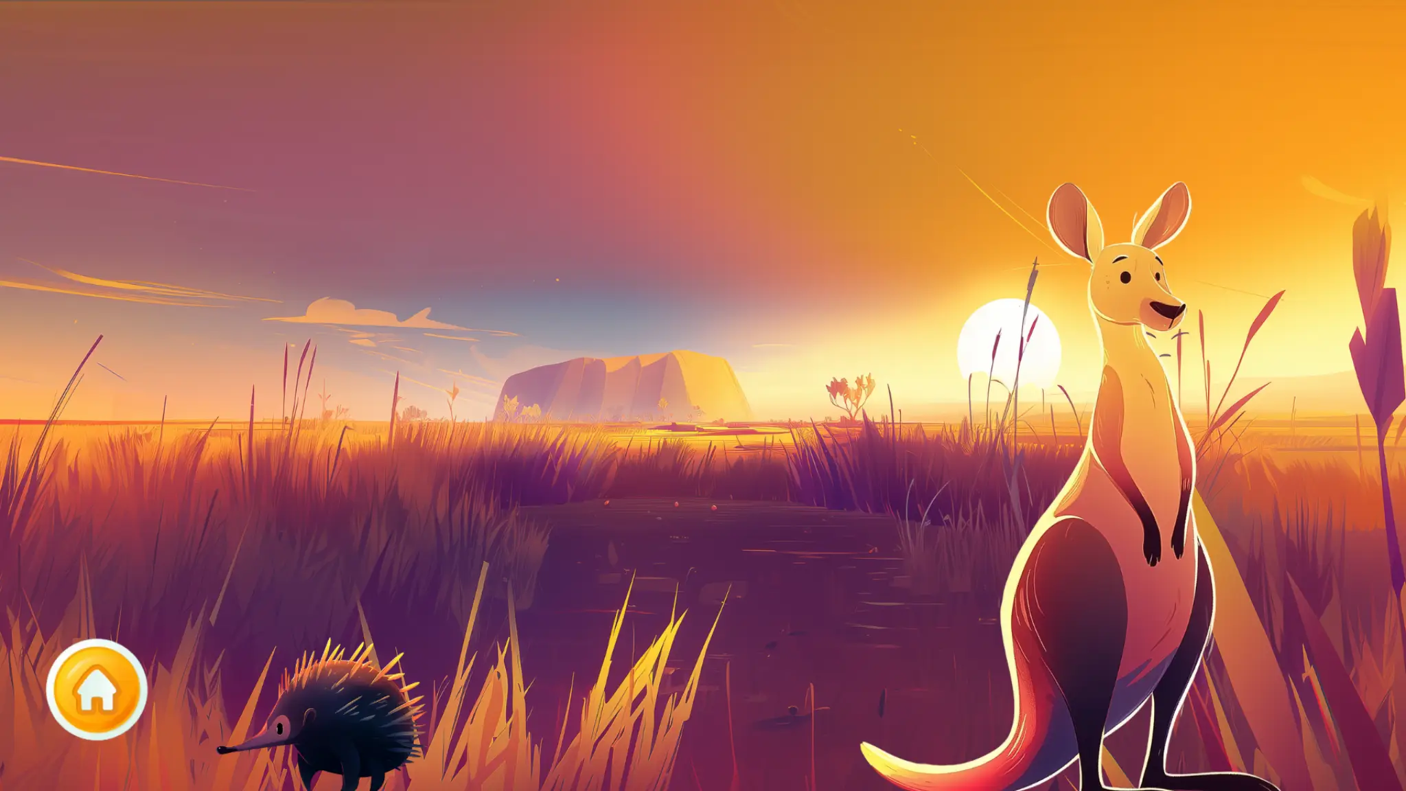A wildlife educational app screenshot in the Australian Red Center with Uluru and a kangaroo