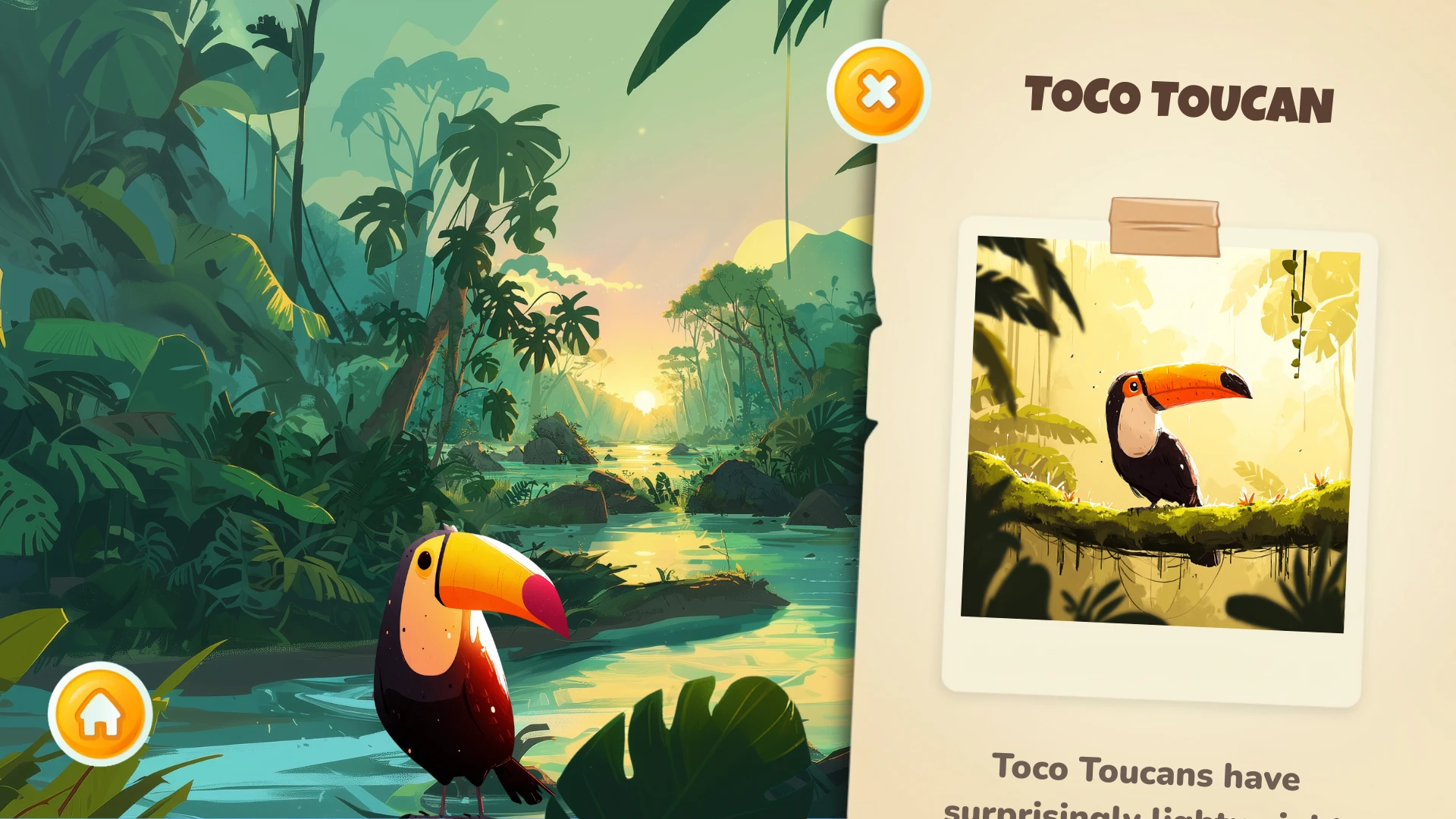 A wildlife educational app screenshot in the Amazon forest featuring a tucan and a macaw parrot
