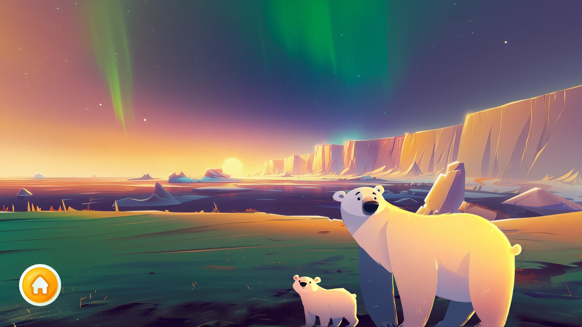 A wildlife educational app screenshot in the Artic featuring a polar bear with its cub