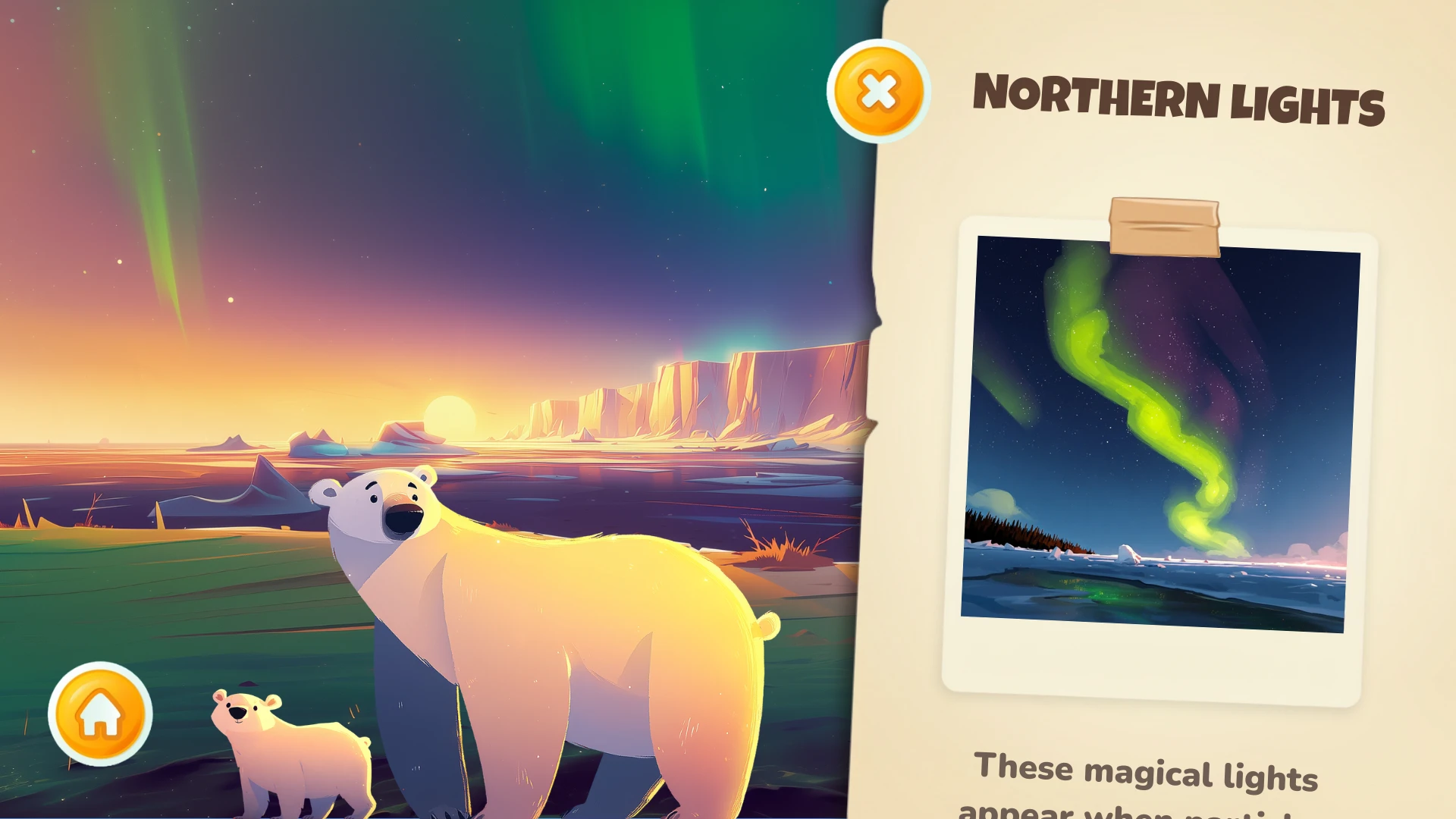 A wildlife educational app screenshot in the Artic featuring a polar bear with its cub